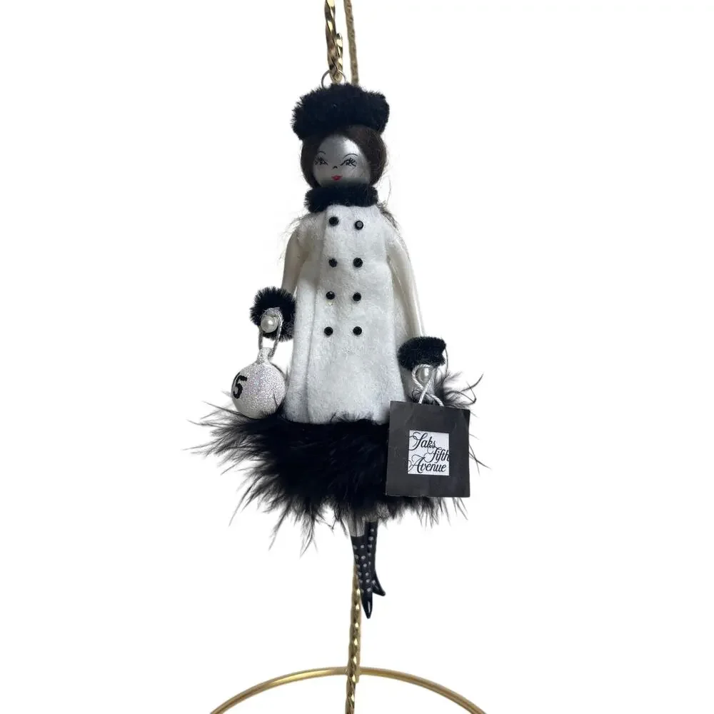 Saks Fifth Avenue Lady Ornament 2015 Black White Feather Dress Christmas w Box